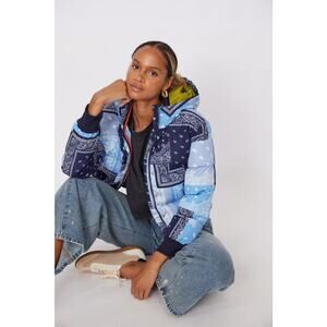 Puffer MEDIUM Jacket Blue Paisley Bandana Patchwork Hood Zip Fab’rik